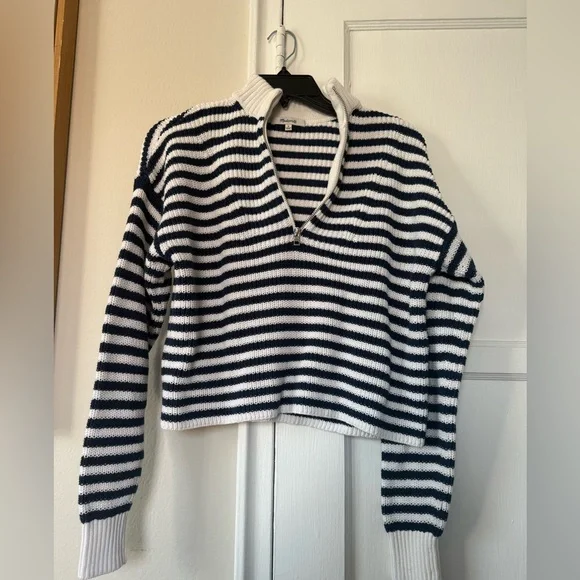 Madewell Navy and White Striped Quarter zip 100% Cotton Sweater - Picture 1 of 7